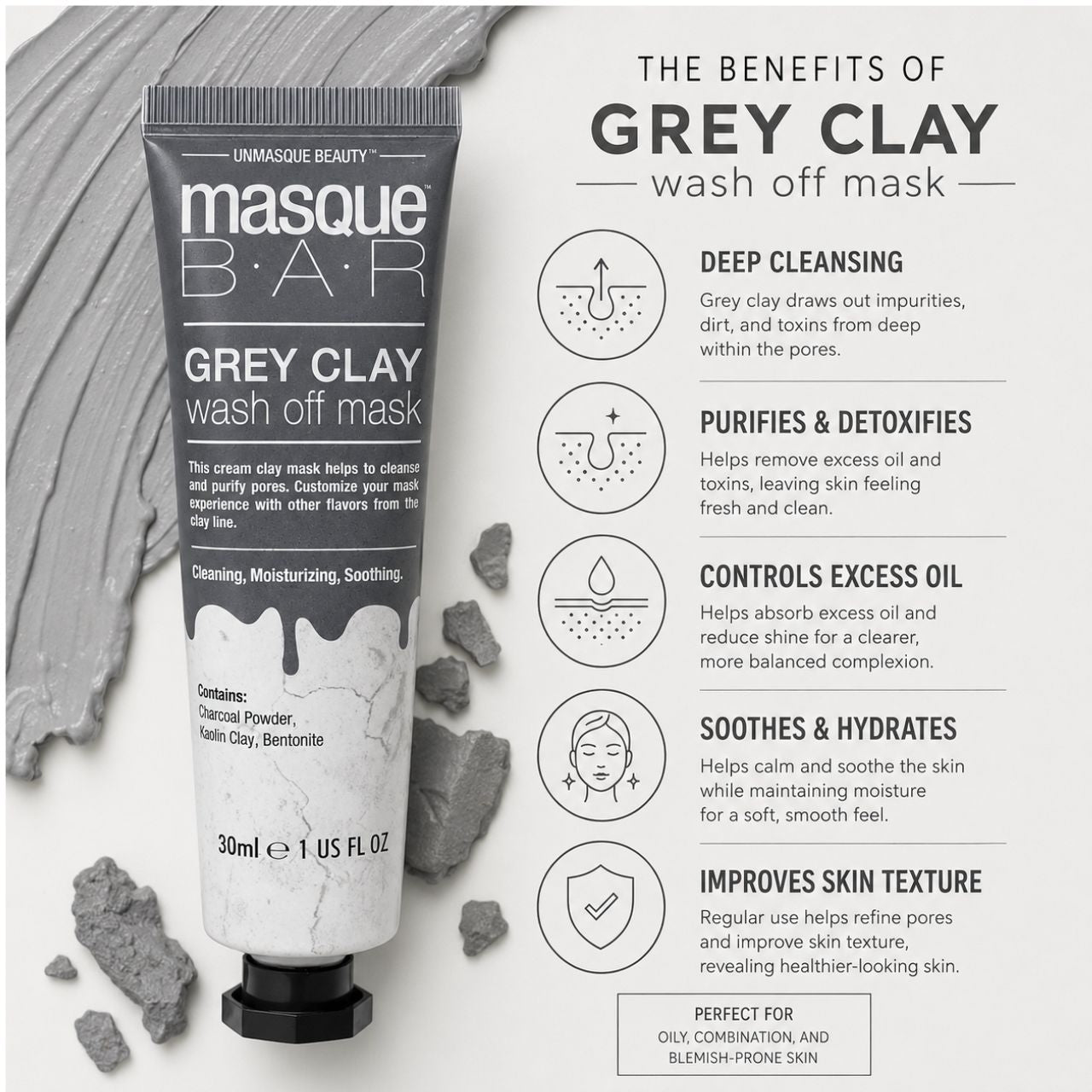 Masque Bar Grey Clay Wash Off Mask 1oz